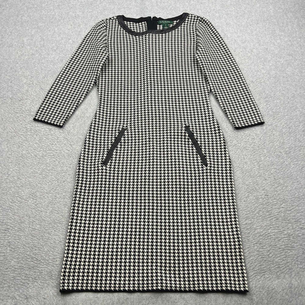 Lauren Ralph Lauren Dress Womens XS Black Houndstooth Knit Faux Leather Trim Zip